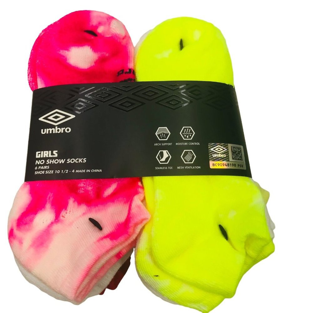Umbro 6 Pack Girl's Shoe Size 10.5-4 No Show Tie Dye/Solid Socks Assorted Color
